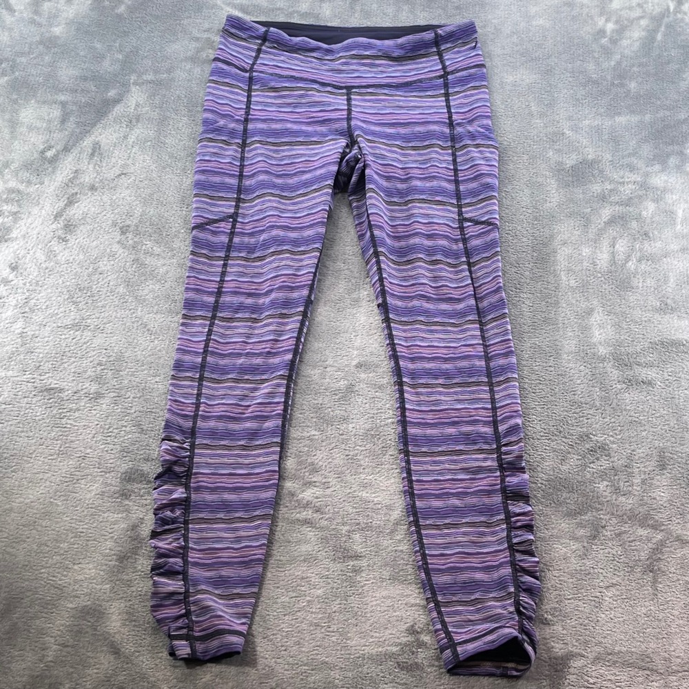 Lululemon Tight Stuff Tight Purple Striped Ruched Leggings Size 8